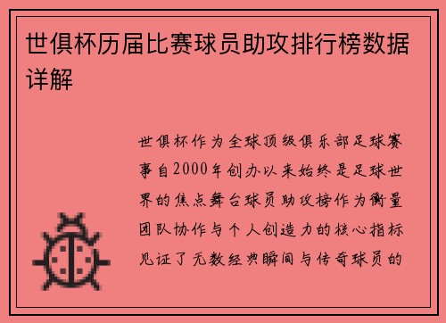 世俱杯历届比赛球员助攻排行榜数据详解